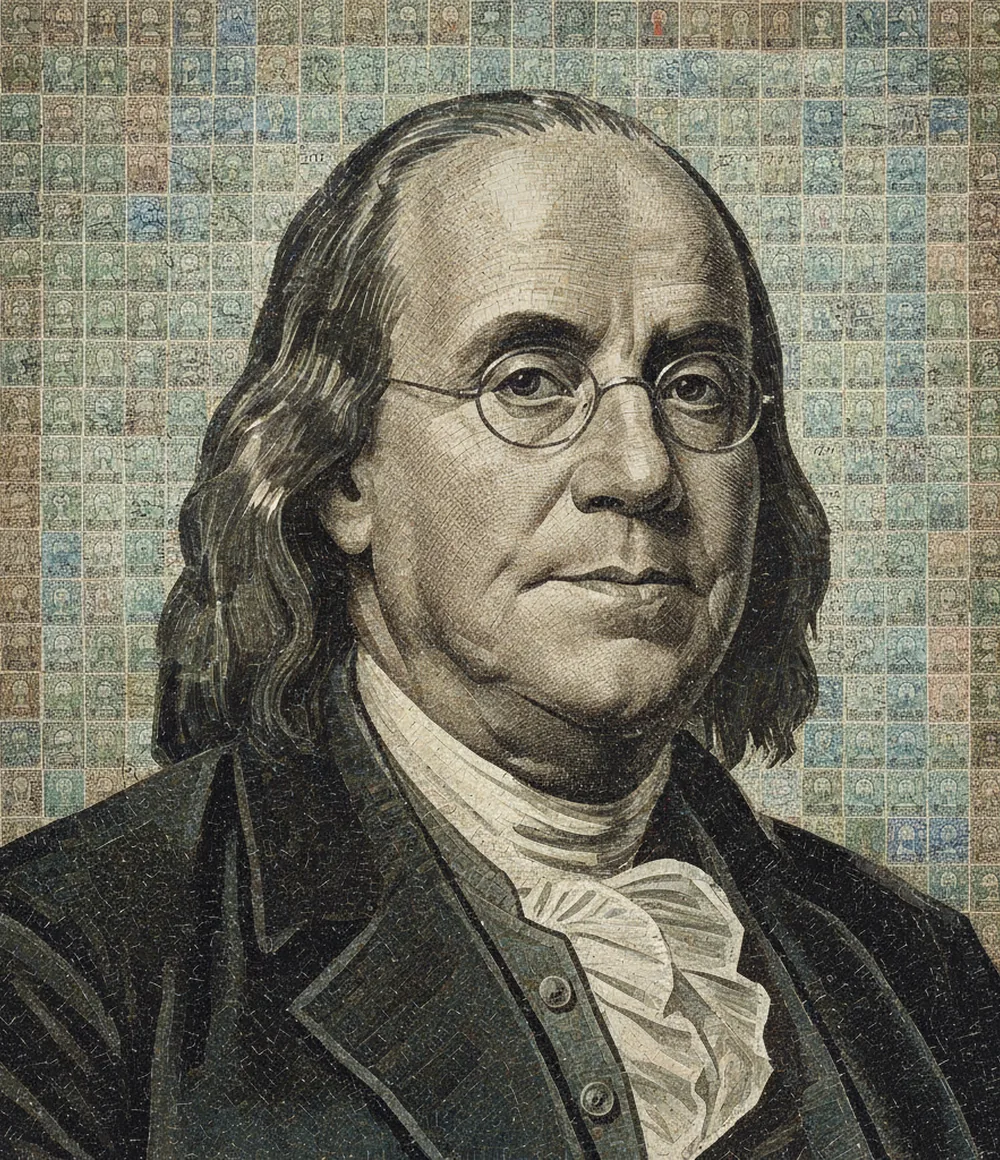 Portrait of Benjamin Franklin made of postage stamps