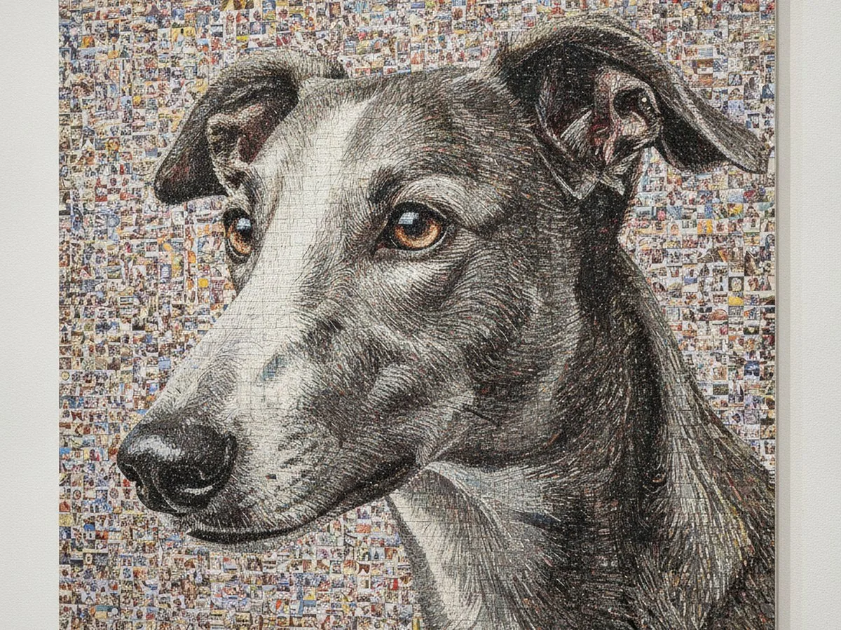 Mosaic: a greyhound made of tiny photos